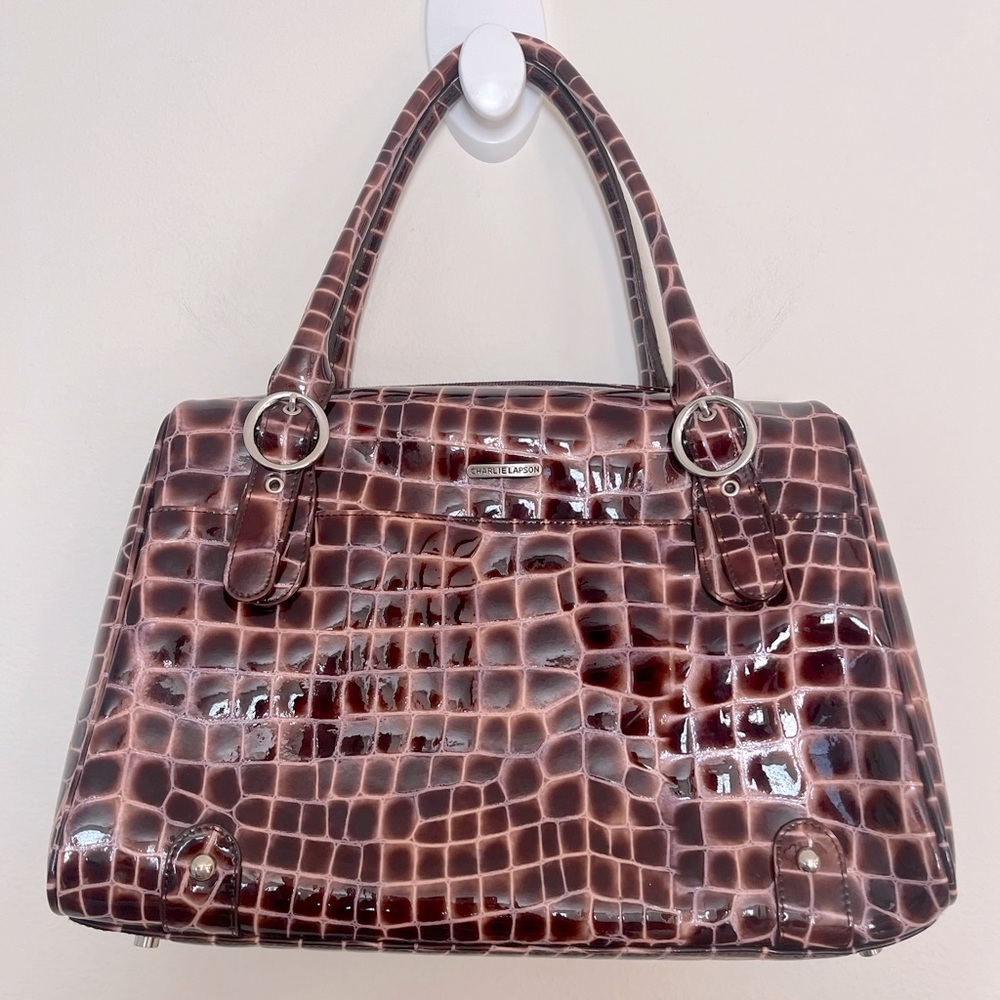 CHARLIE LAPSON Croc Embossed Satchel Carryall Handbag Patent Leather Brown